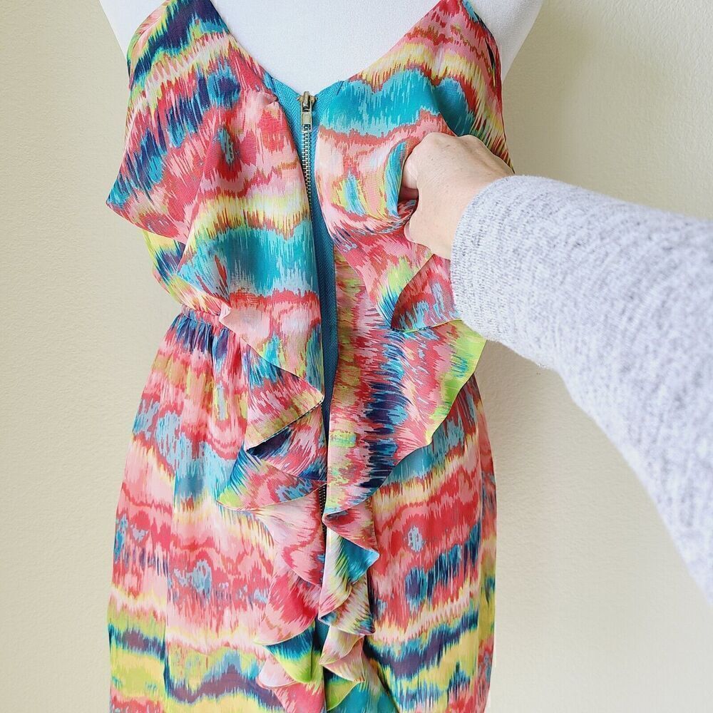 Anthropologie Maude Halter Dress Ruffles Elastic Waist Beach Colorful Flaw - Picture 2 of 12